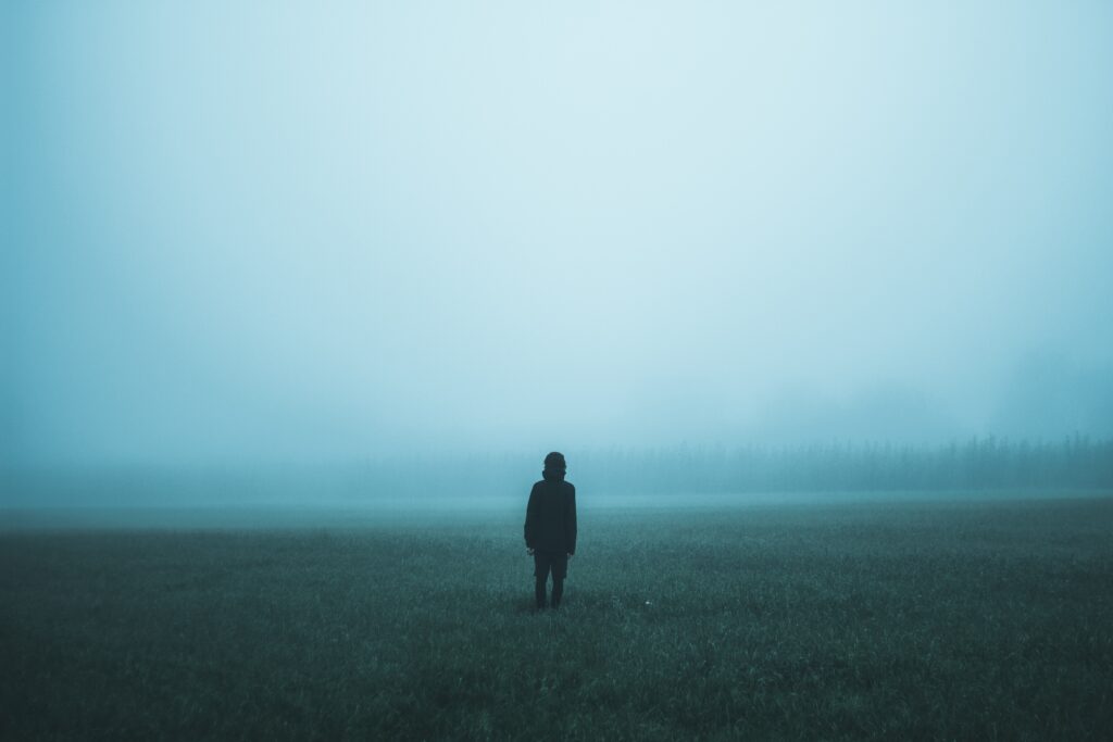Silhouetted person standing in a misty field.