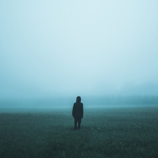 silhouette of a person standing alone in a misty field