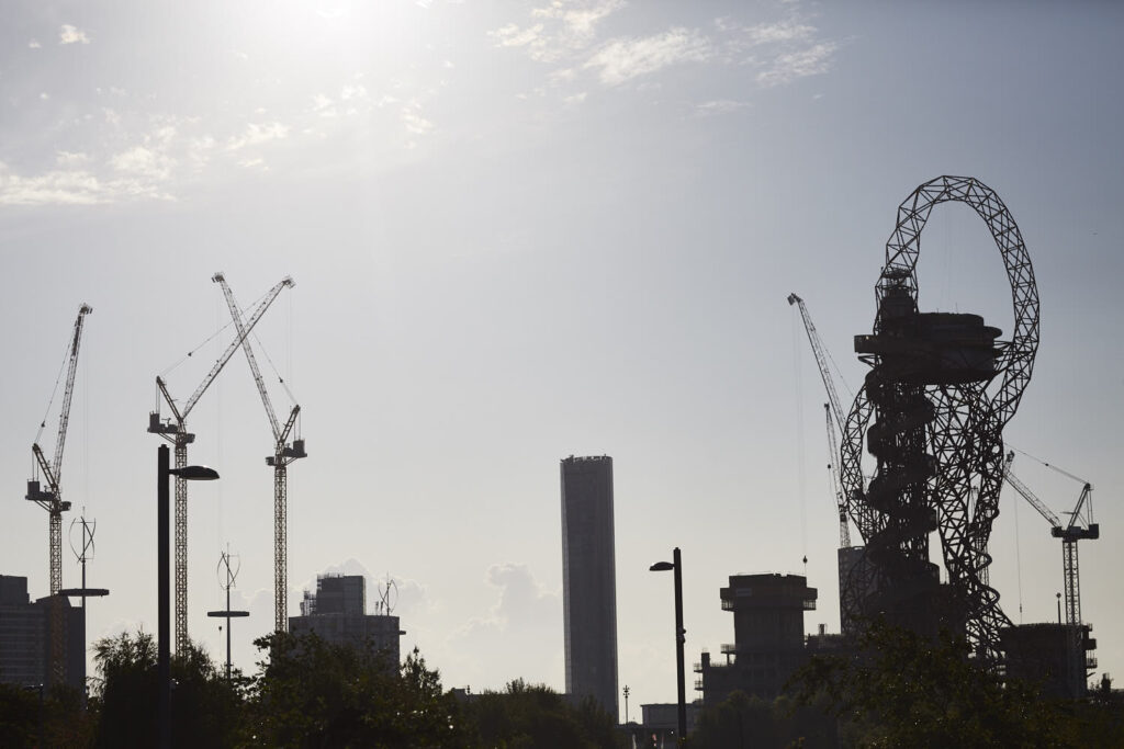 Cranes and The ArcelorMittal Orbit in the Queen Elizabeth Olympic Park.