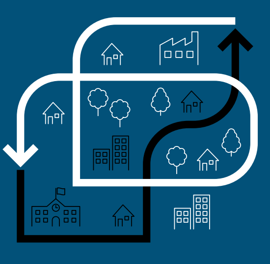 Health and Economies Infographic with curved arrows, buildings and trees