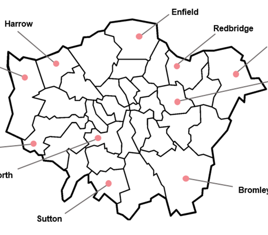 Map of 10 boroughs in London