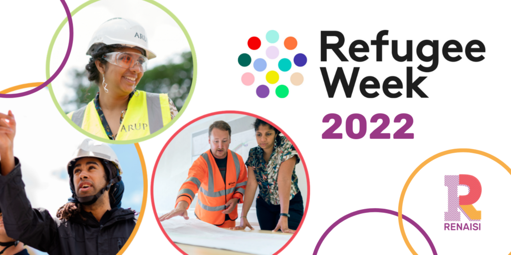 Refugee Week 2022 banner with photos of people working and Renaisi logo