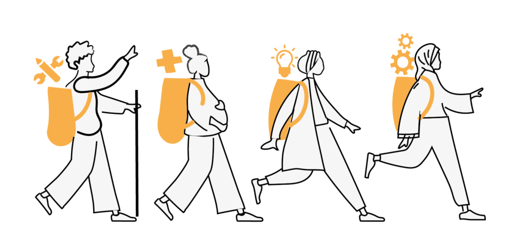 4people walking together with back packs full of tools and resources.