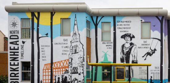 A mural charting the history of Birkenhead.