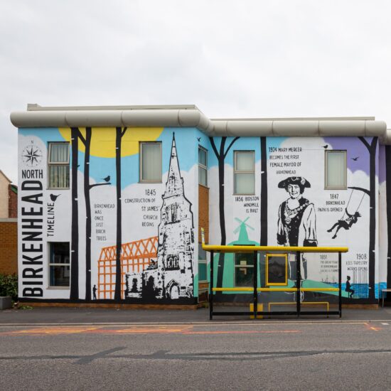 A mural charting the history of Birkenhead.